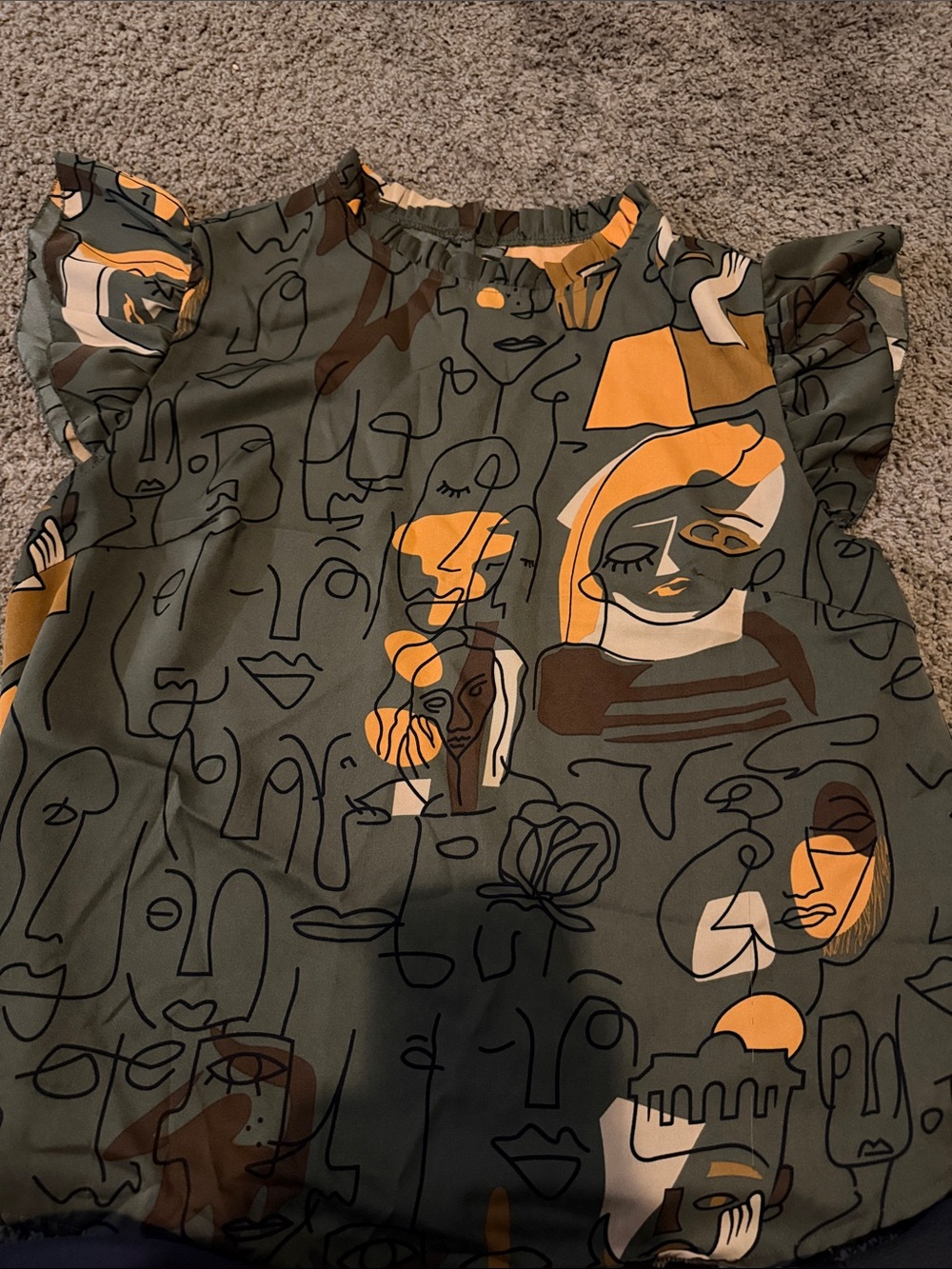 Abstract Faces Ruffle Sleeve Top — Olive & Mustard
